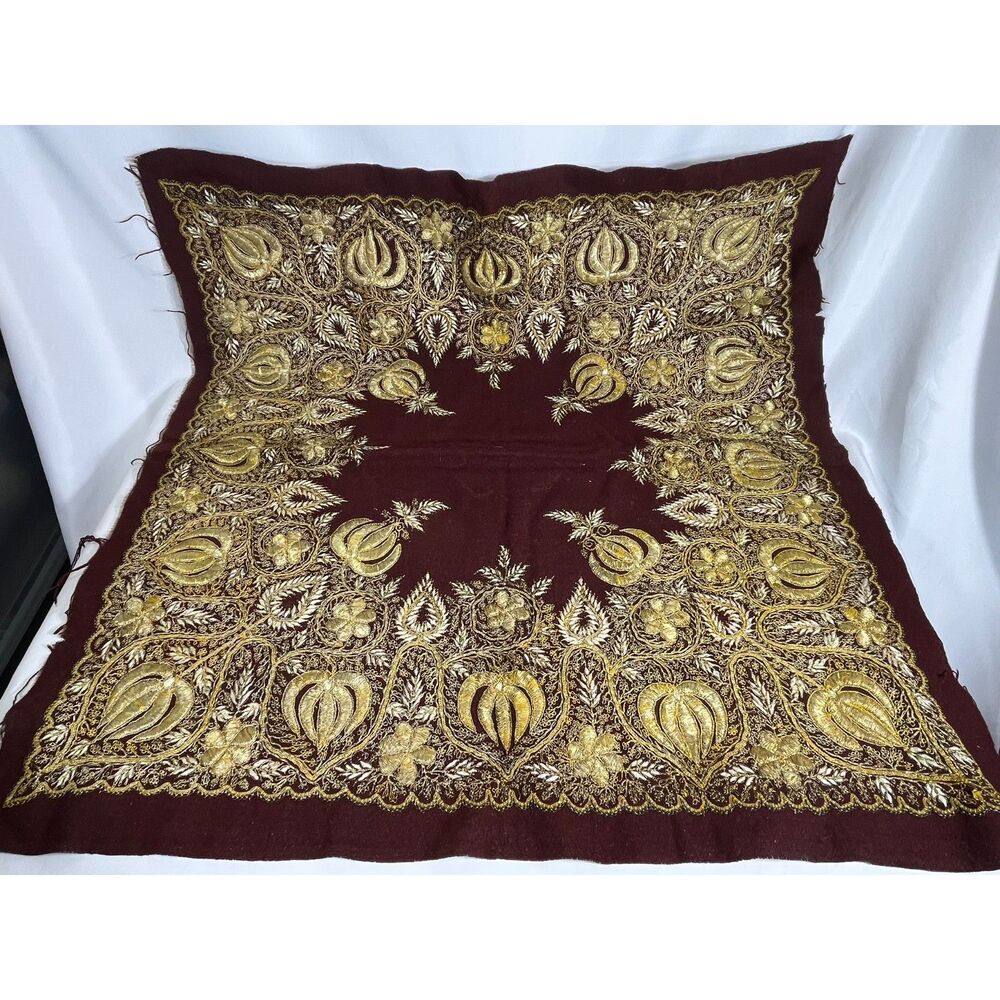 18th Century Embroidered Zardozi Gold Thread Tapestry India Wall Hanging